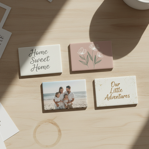 Custom photo magnets with quote designs on a warm wooden surface