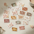 20 custom photo magnets with quote designs on a warm wooden surface