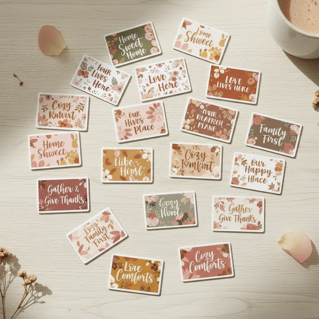 20 custom photo magnets with quote designs on a warm wooden surface