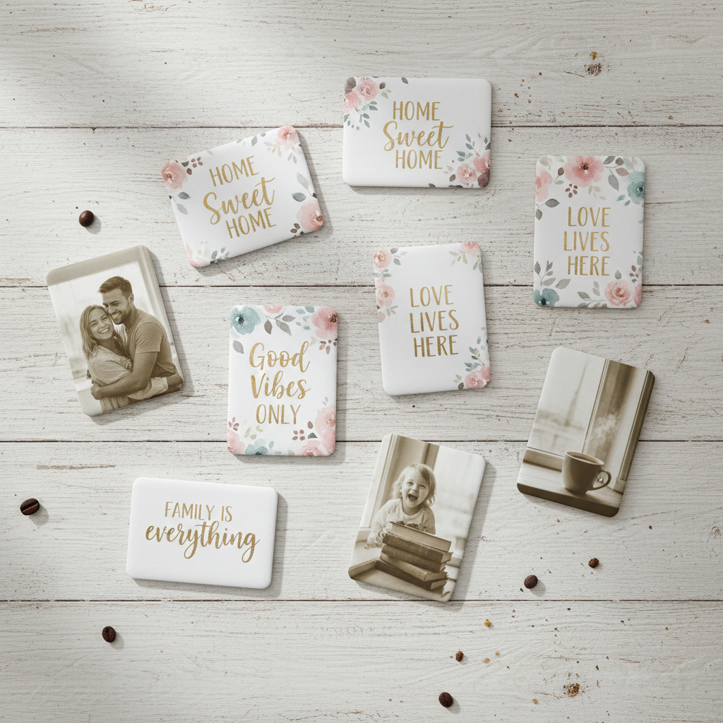 10 custom photo magnets with quote designs on a warm wooden surface