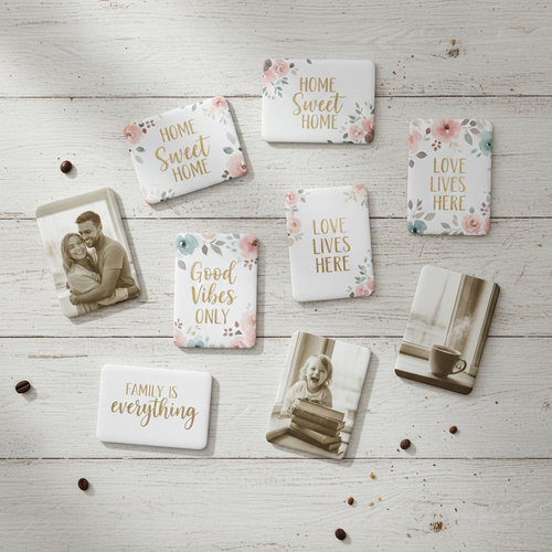 10 custom photo magnets with quote designs on a warm wooden surface