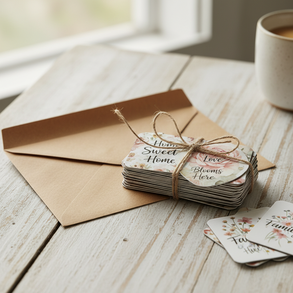 40 custom photo magnets bundled with twine as a gift on a wooden surface