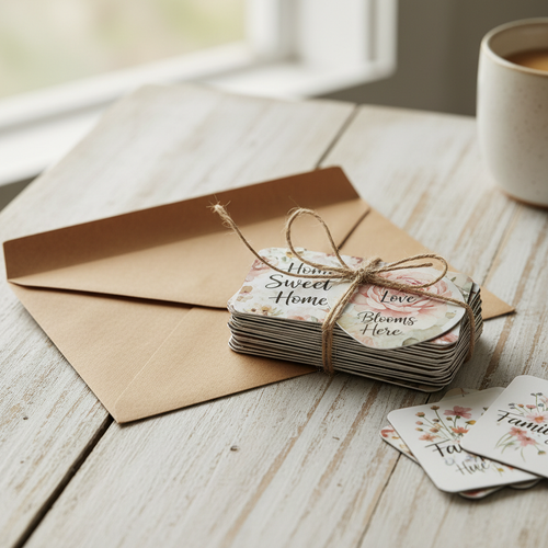 40 custom photo magnets bundled with twine as a gift on a wooden surface