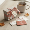 50 custom photo magnets bundled with ribbon as a gift on a wooden surface